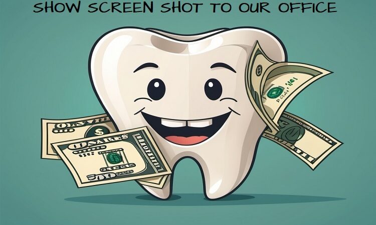 A CARTOON TOOTH WITH CASH SAVING MONEY