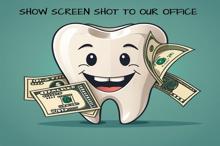 A CARTOON TOOTH WITH CASH SAVING MONEY